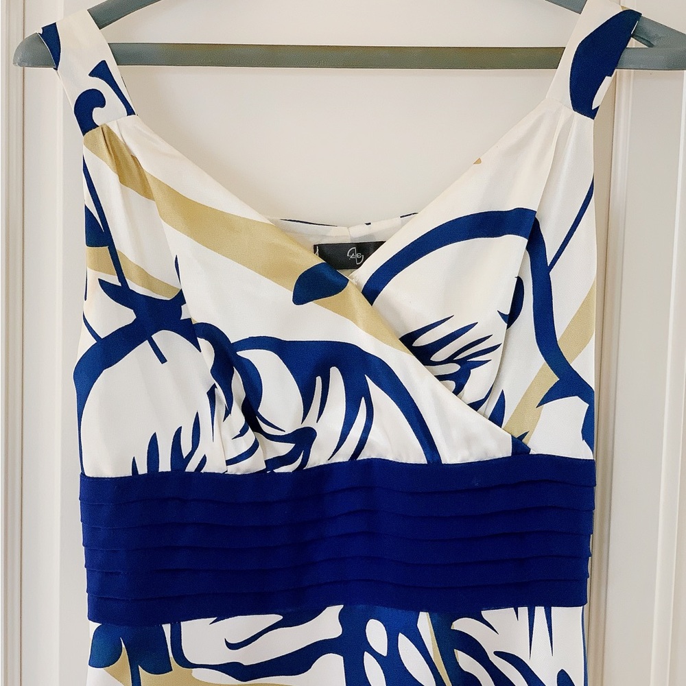 Abstract Print Wrap Midi Dress With Blue Chiffon Belt Fastening